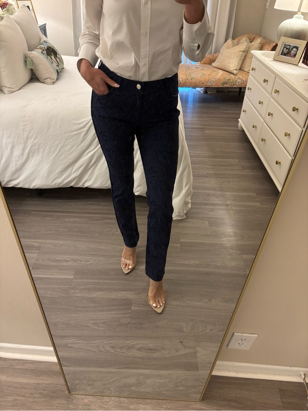 Lafayette 148 New York Navy Palm Print Skinny Jeans Sz 2